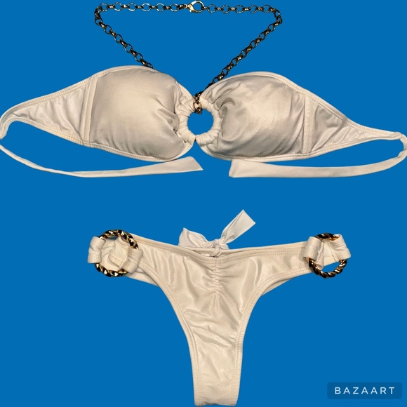 WHITE LUSTER RUCHED BIKINI WITH REAR BOW AND GOLD CHAIN DETAILS BY SYRUP - Picture 1 of 15